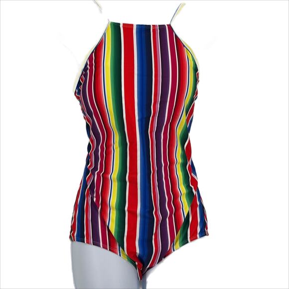 Swimsuit One Piece Trimmed Racer Front Striped in Multi Colors Size Large - Picture 1 of 5
